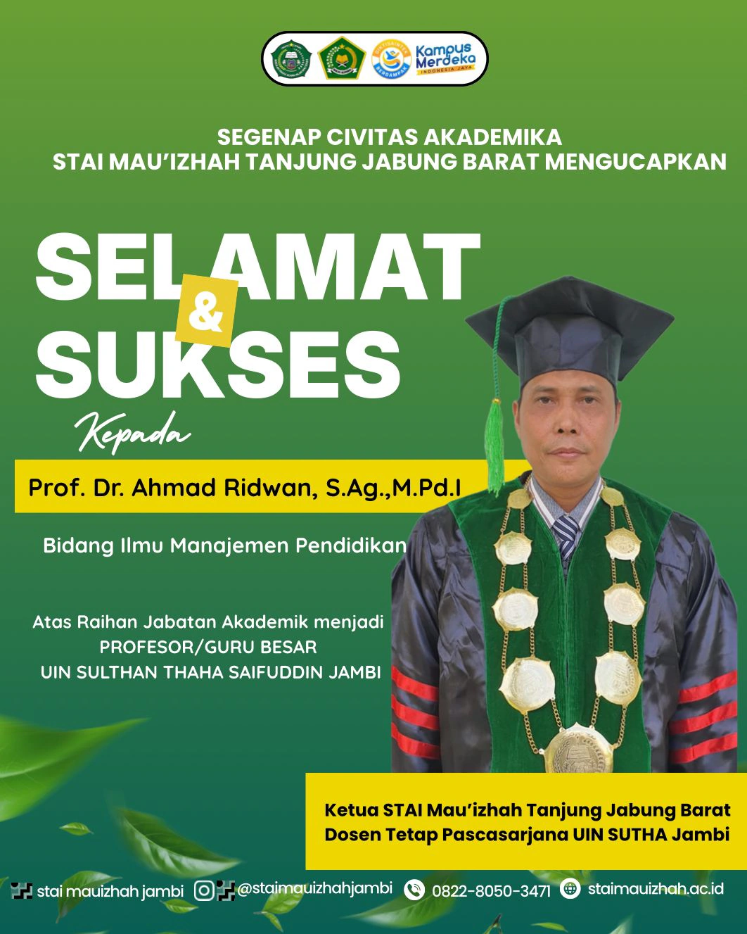 Ketua STAI Mau'izhah Tanjung Jabung Barat Resmi Sandang Gelar Profesor di Bidang Ilmu Manajemen Pendidikan